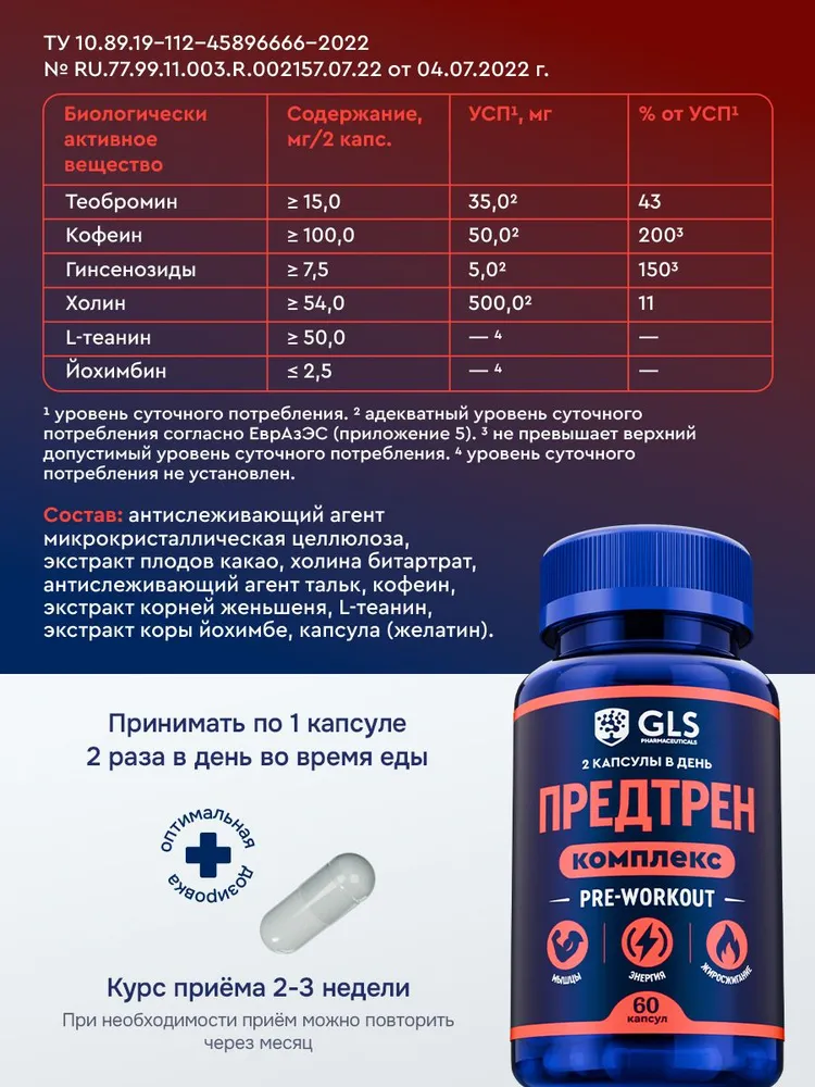 GLS Pharmaceuticals Предтренировочный комплекс (Pre-workout), спортивное питание для выносливости и жиросжигания 60 капсул