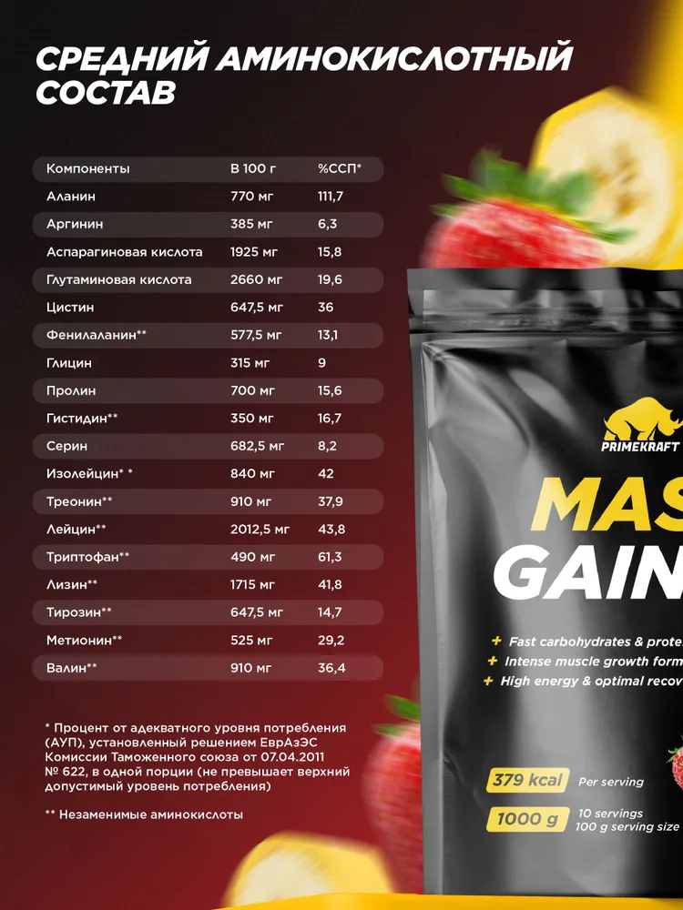 Primekraft Mass Gaine, Гейнер для набора массы со вкусом Клубника-Банан, дойпак 1000 гр / 10 порций