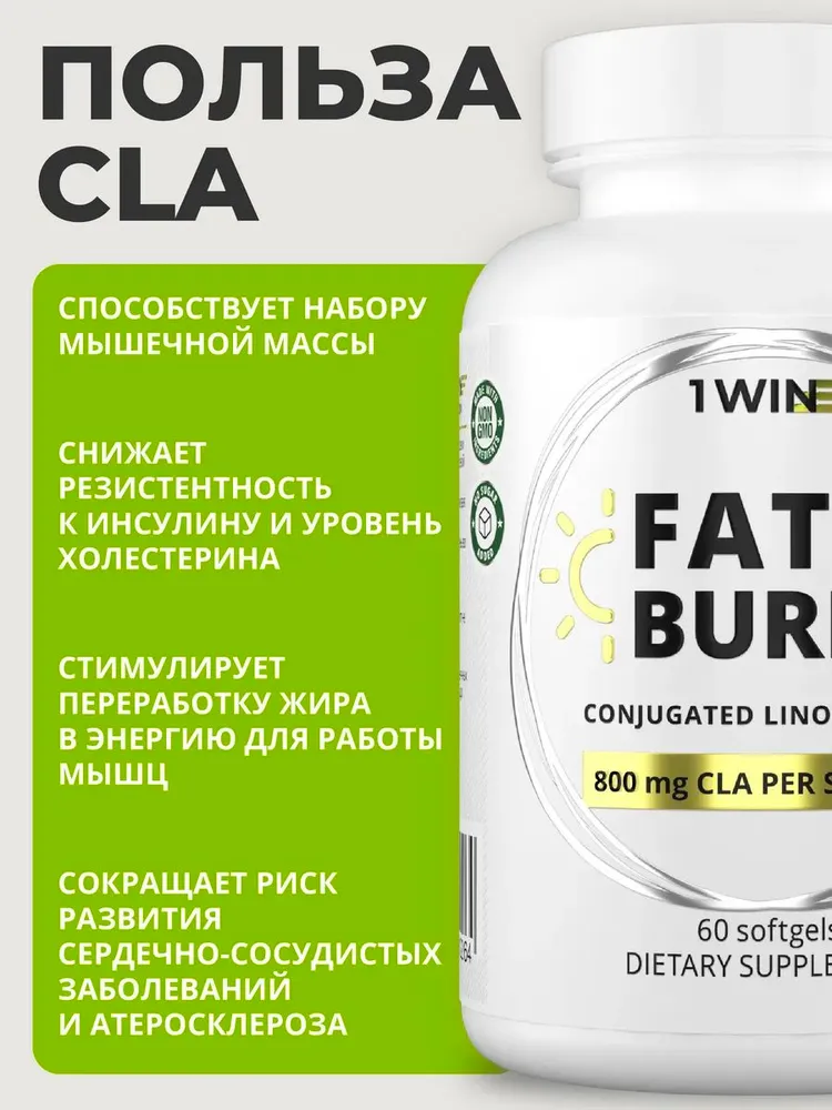 1Win Жиросжигатель в капсулах Fat Burner Day дневной на основе CLA, 60 шт.