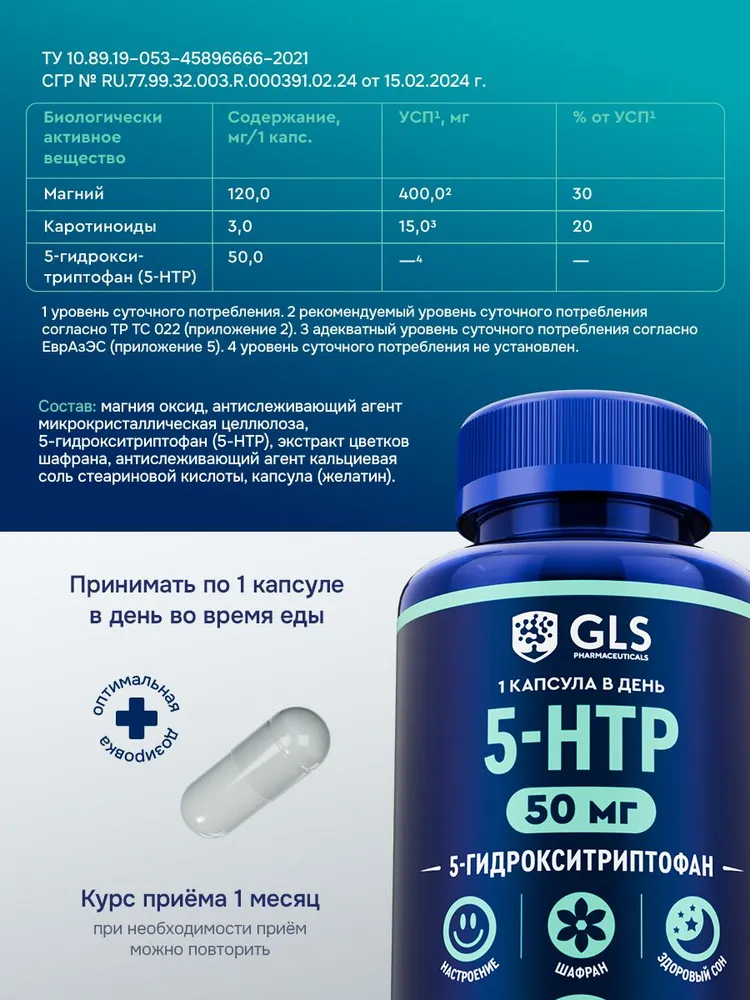 GLS Pharmaceuticals 5-HTP (5-гидрокситриптофан) с экстрактом шафрана, для крепкого сна и хорошего настроения, 120 капсул