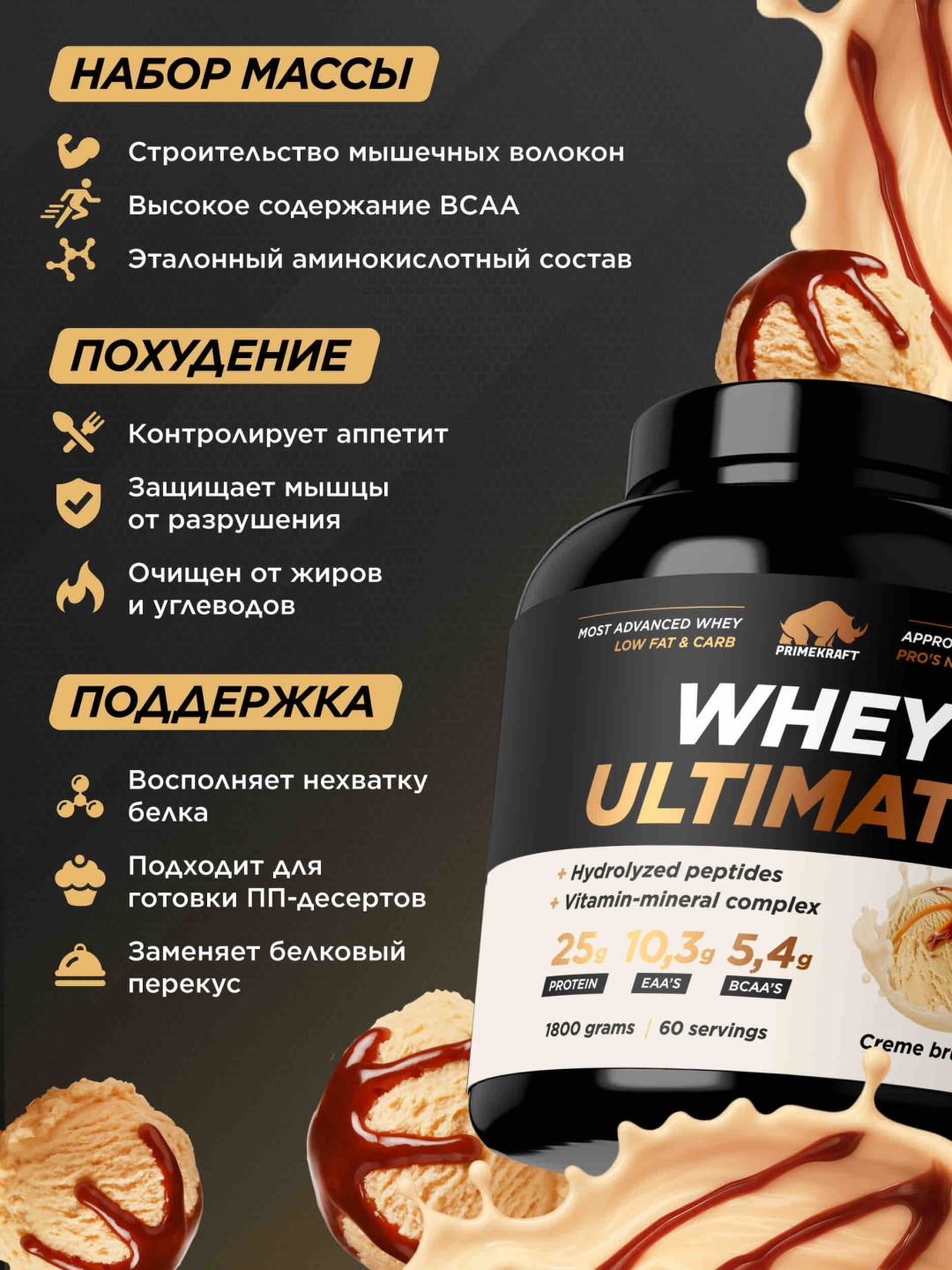 Primekraft Whey Ultimate, Сывороточный протеин со вкусом «Крем-брюле», банка 1800 г / 60 порций