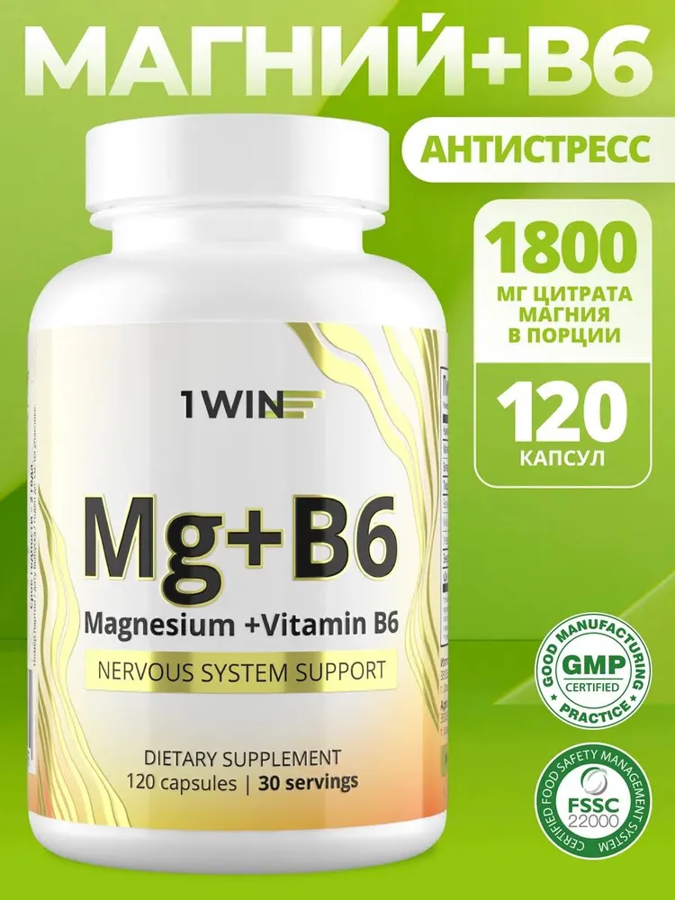 1Win Магний цитрат с витамином В6 (Magnesium Citrate + B6), для борьбы со стрессом и усталостью, успокоительное, 120 капсул