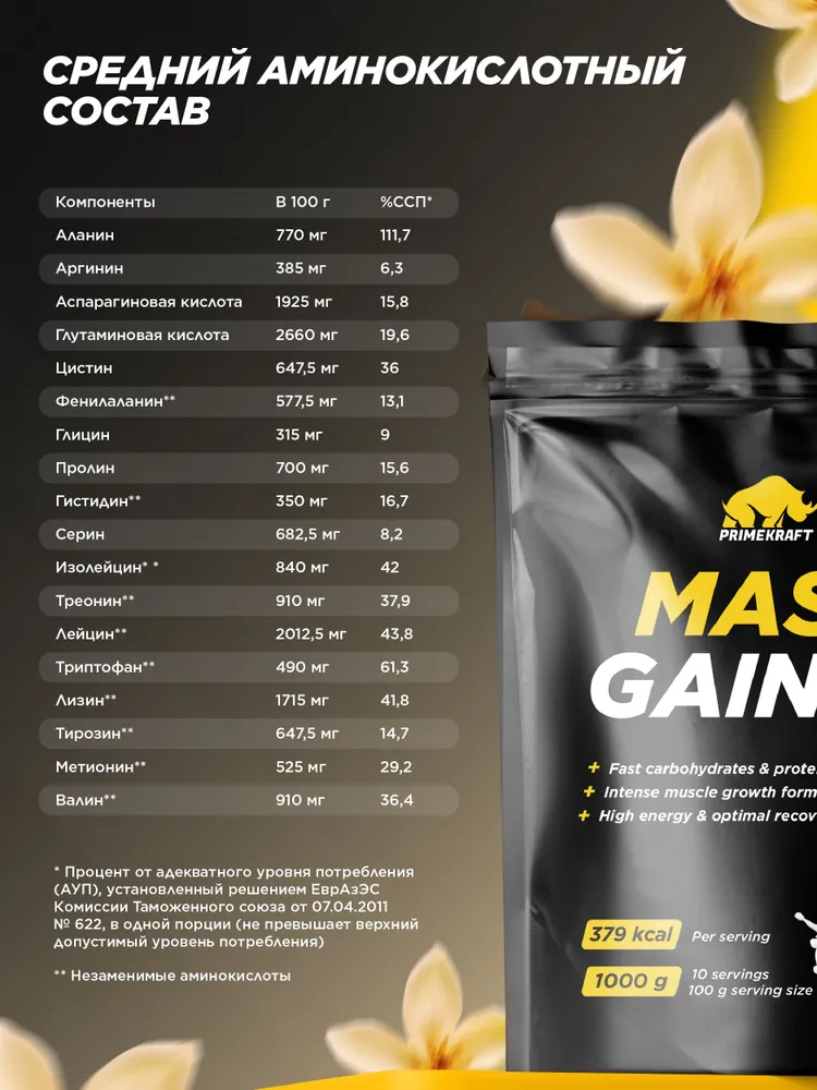 Primekraft Гейнер Mass Gainer со вкусом «Ваниль» (Vanilla), 1000 г / 10 порций