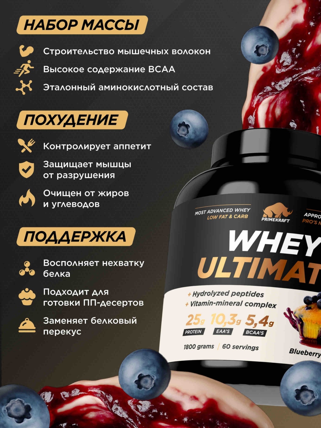 Primekraft Whey Ultimate, Сывороточный протеин со вкусом «Черничный маффин», банка 1800 г / 60 порций
