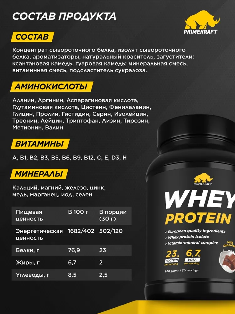 Primekraft Whey Protein, Протеин сывороточный со вкусом Молочный шоколад, банка 900 г / 30 порций
