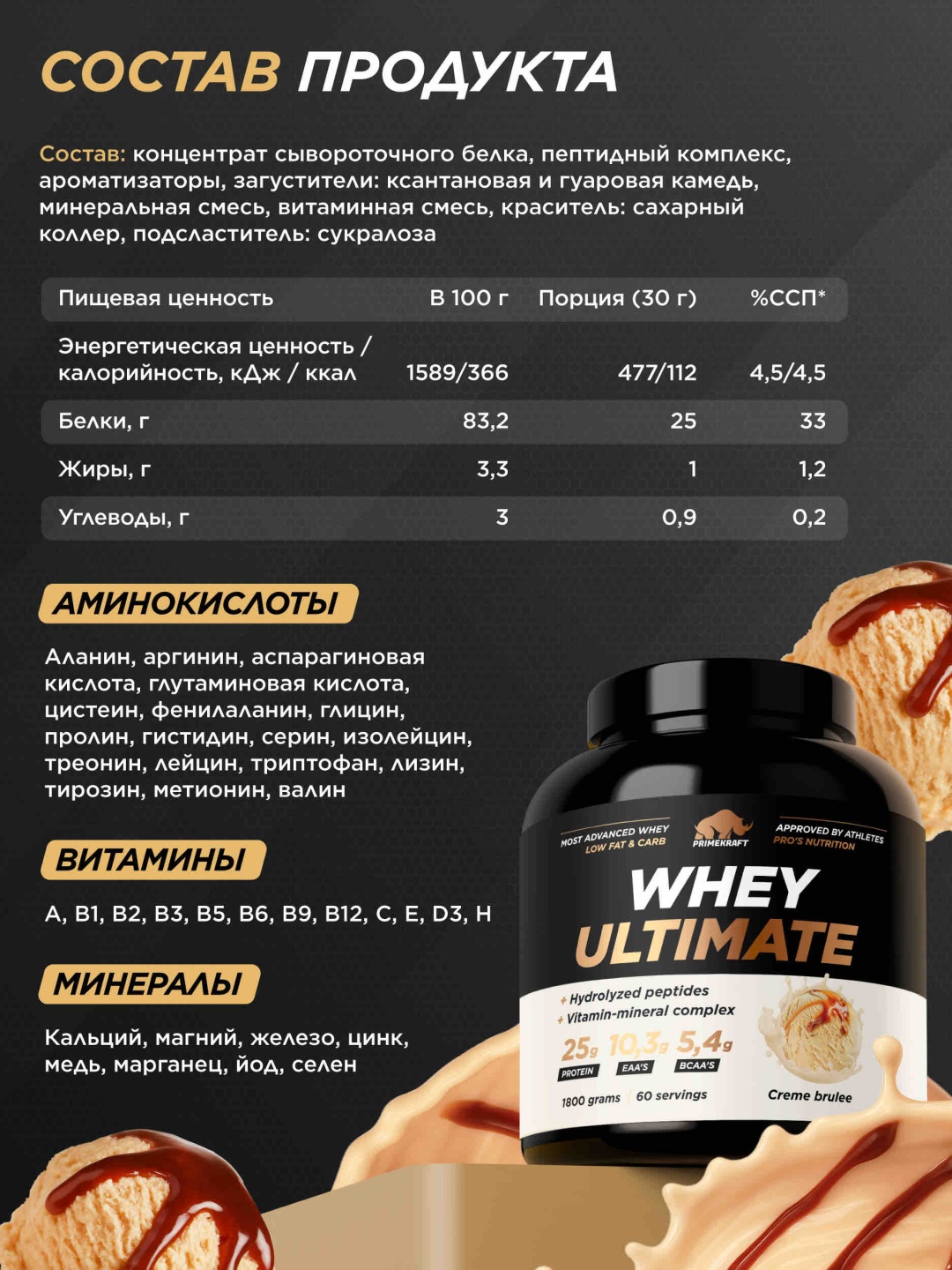 Primekraft Whey Ultimate, Сывороточный протеин со вкусом «Крем-брюле», банка 1800 г / 60 порций