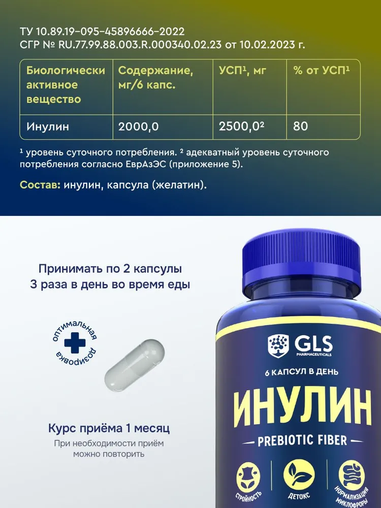 GLS Pharmaceuticals Инулин, пребиотик для взрослых, нормализация микрофлоры, детокс, 180 капсул