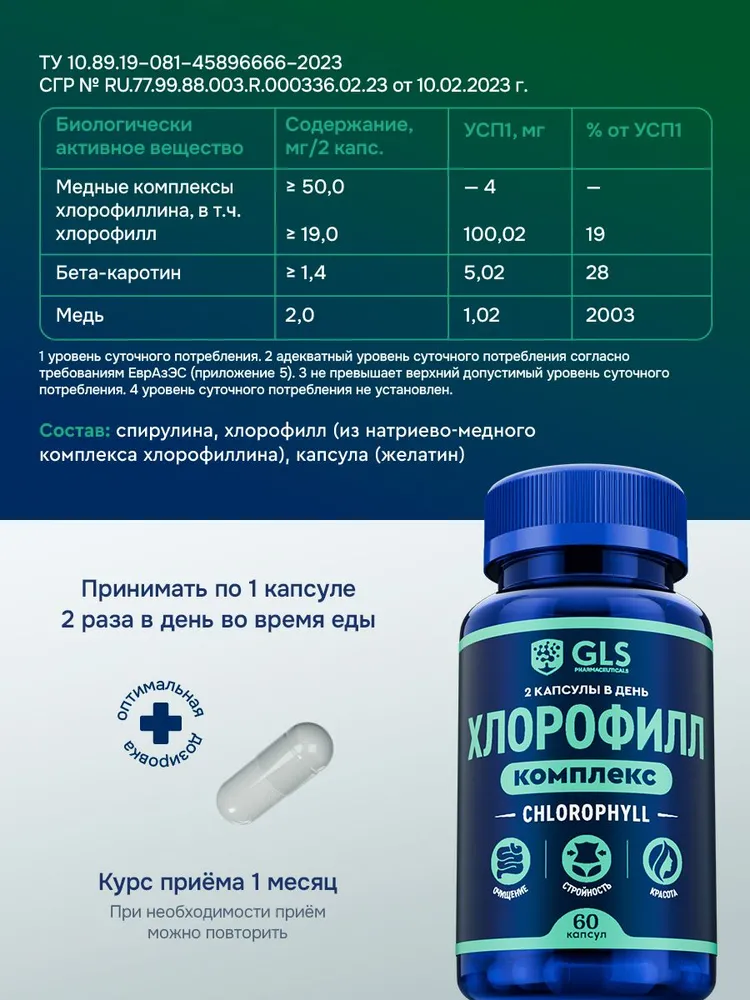 GLS Pharmaceuticals Хлорофилл, для похудения, микрофлоры и детокса, 60 шт.