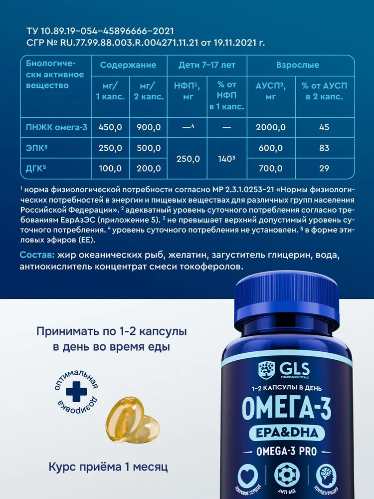 GLS Pharmaceuticals ПРО Омега 3 (omega 3 PRO), витамины для взрослых и детей, 120 капсул