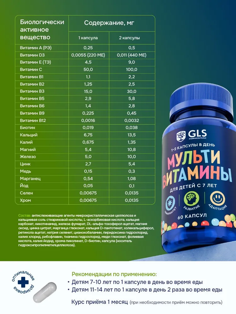 GLS Pharmaceuticals Мультивитамины для детей, витамины и минералы для детей и подростков 