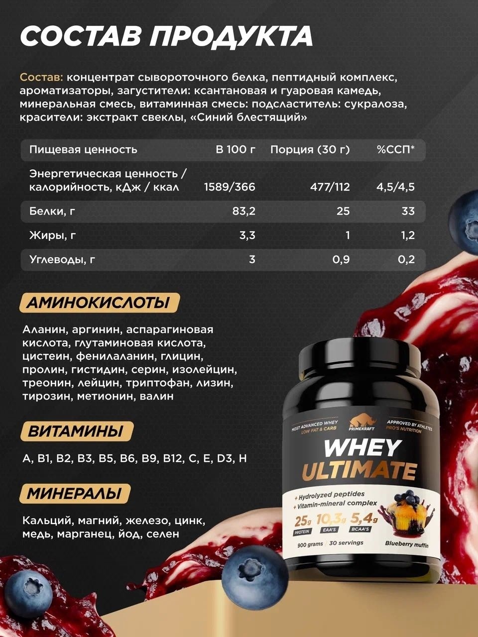 Primekraft Whey Ultimate, Сывороточный протеин со вкусом «Черничный мафин», банка 900 г / 30 порций