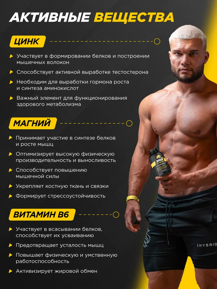 Primekraft ZMA (Zinc+Mg+B6), для мужчин и укрепления нервной системы, 90 капсул