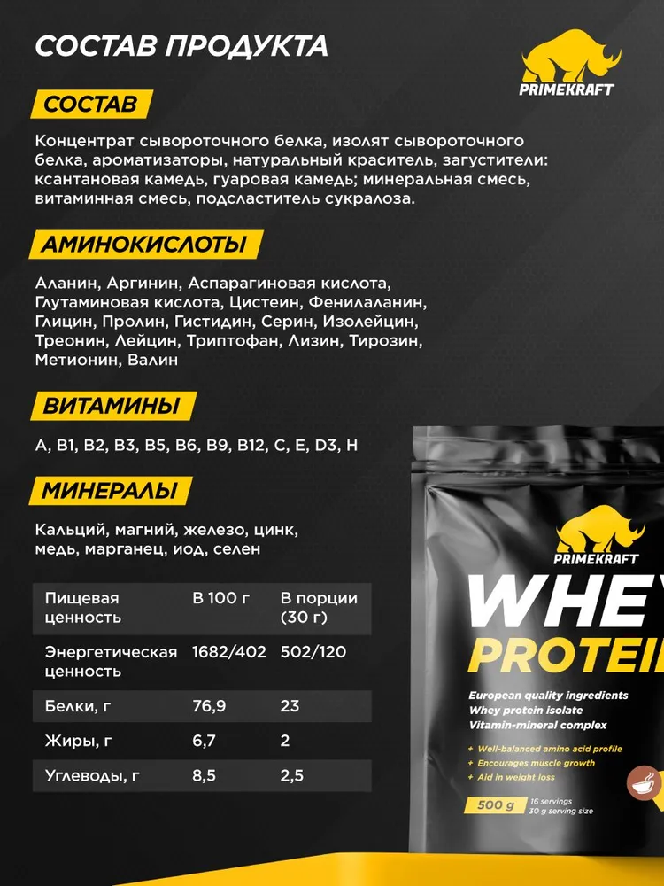 Primekraft Whey Protein, Протеин сывороточный со вкусом каппучино, дойпак 500 г / 16 порций