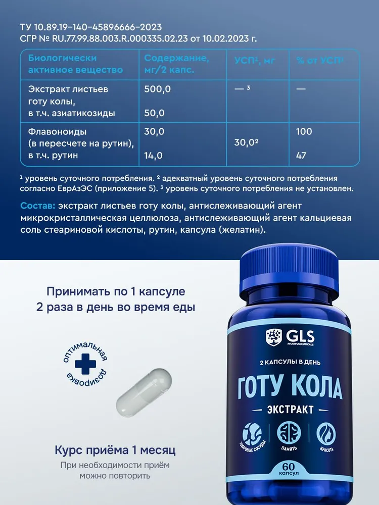 GLS Pharmaceuticals Готу кола (экстракт листьев готу колы и рутин), для сердечно-сосудистой системы, памяти и красоты, 60 капсул