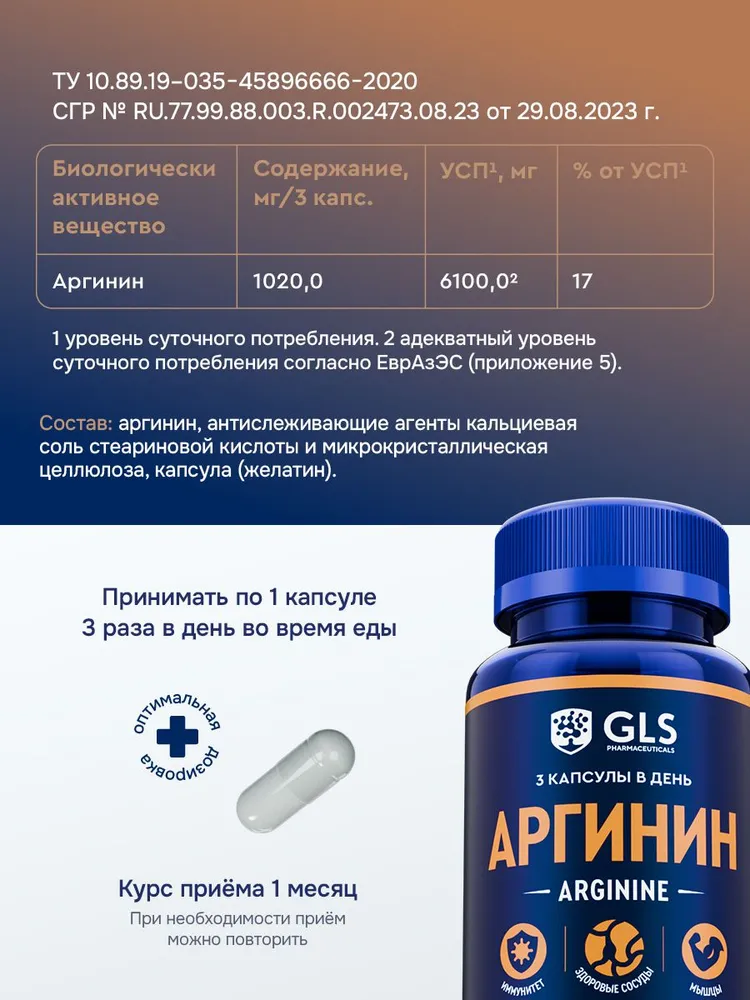 GLS Pharmaceuticals Аргинин (Arginine), аминокислота для набора мышечной массы, 90 капсул