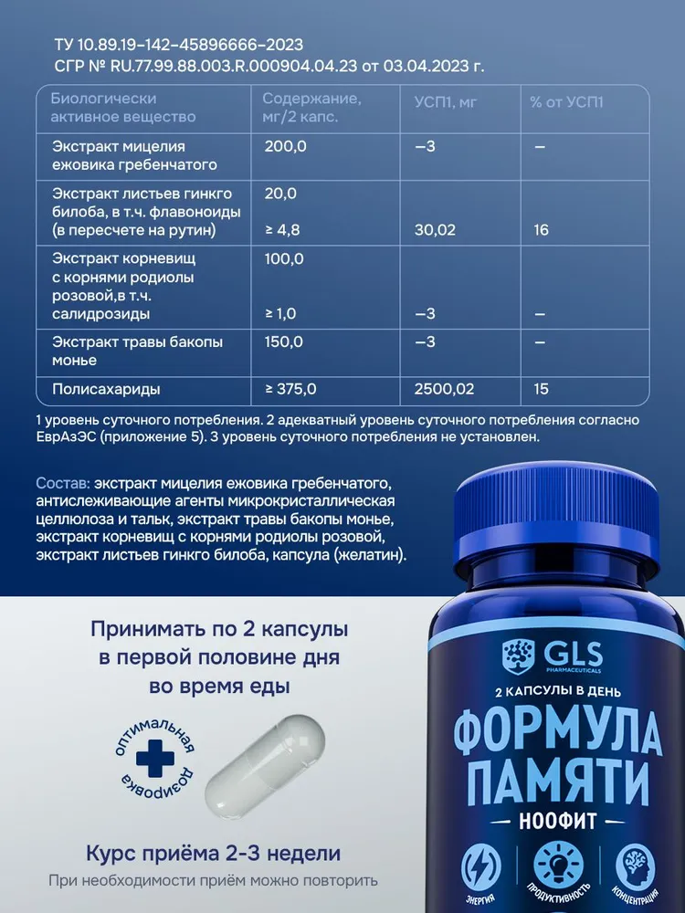 GLS Pharmaceuticals Ноотроп для мозга "Формула памяти" с Ежовиком Гребенчатым, Родиолой, Гинкго Билоба и Бакопа Монье, для памяти, мозга и концентрации, 60 шт.
