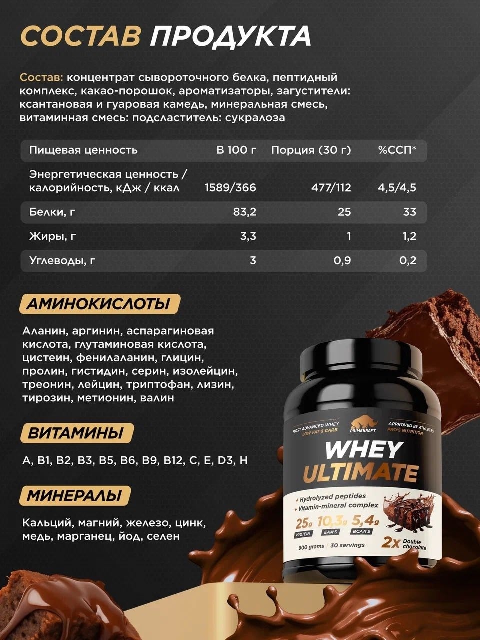 Primekraft Whey Ultimate, Сывороточный протеин со вкусом «Двойной шоколад», банка 900 г / 30 порций