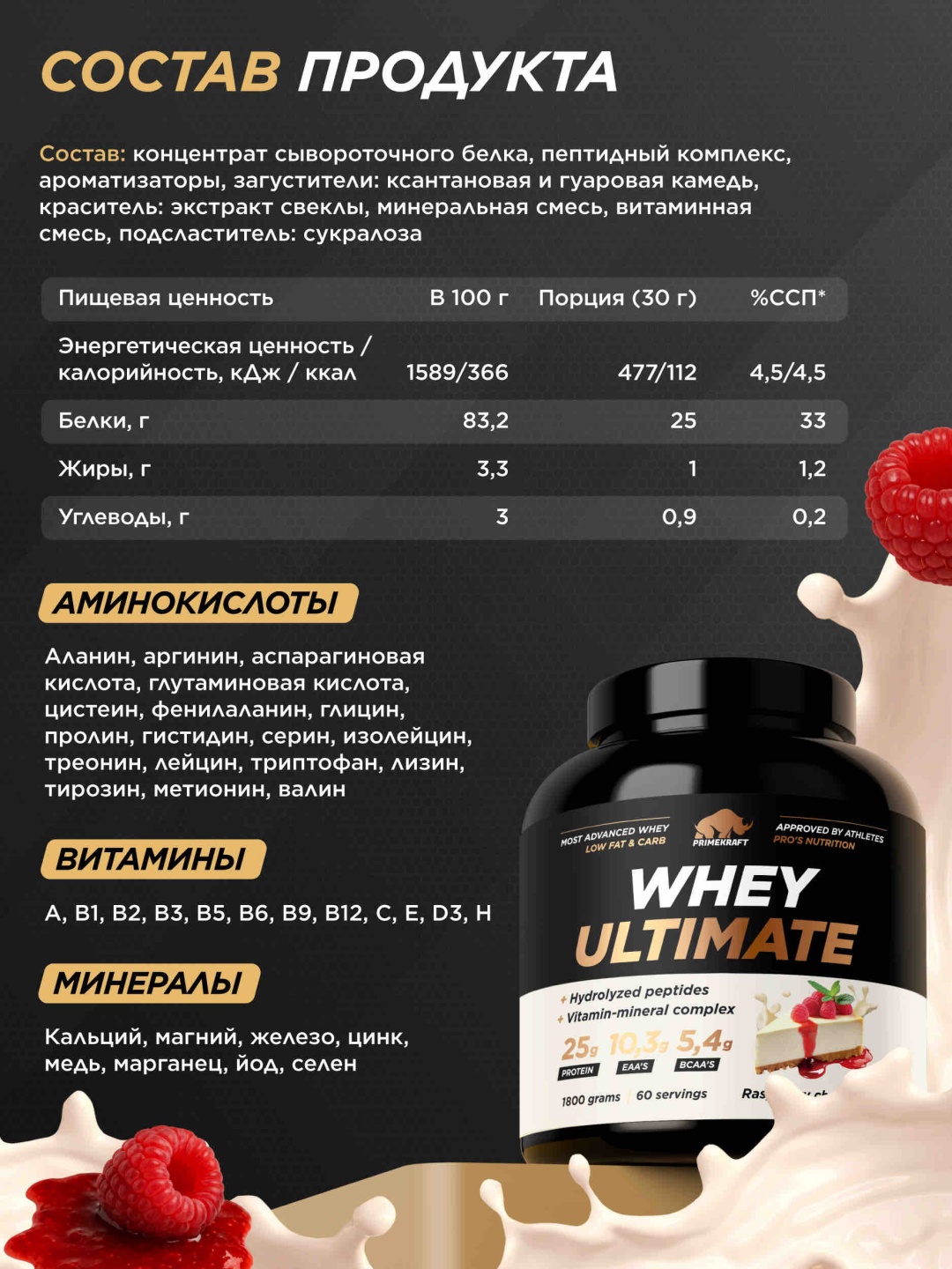 Primekraft Whey Ultimate, Сывороточный протеин со вкусом «Малиновый чизкейк», банка 1800 г / 60 порций