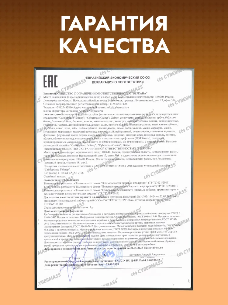 Cybermass Gainer, Гейнер для набора мышечной массы веса на сложных углеводах без сахара, 900г /10 порций, со вкусом банан