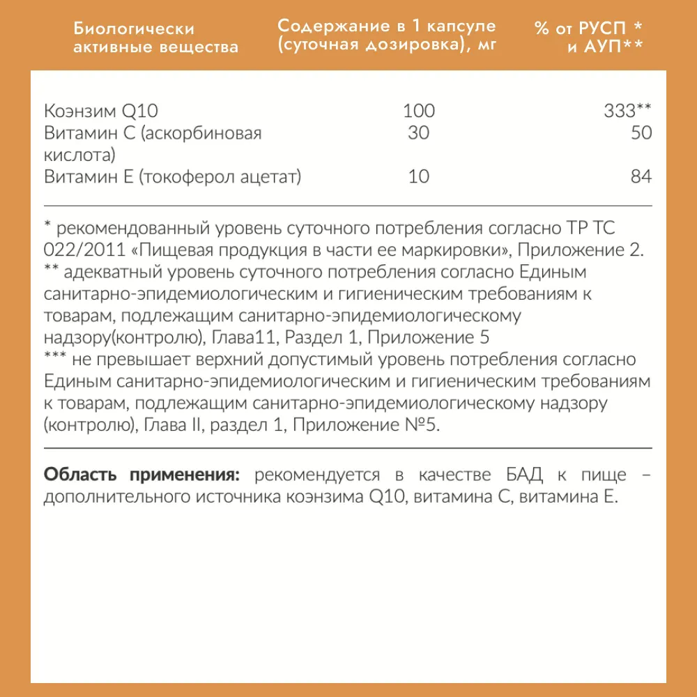 Cybermass Коэнзим Q10 (Co-Q10) с витаминами С, Е для красоты, молодости и энергии, 100 мг