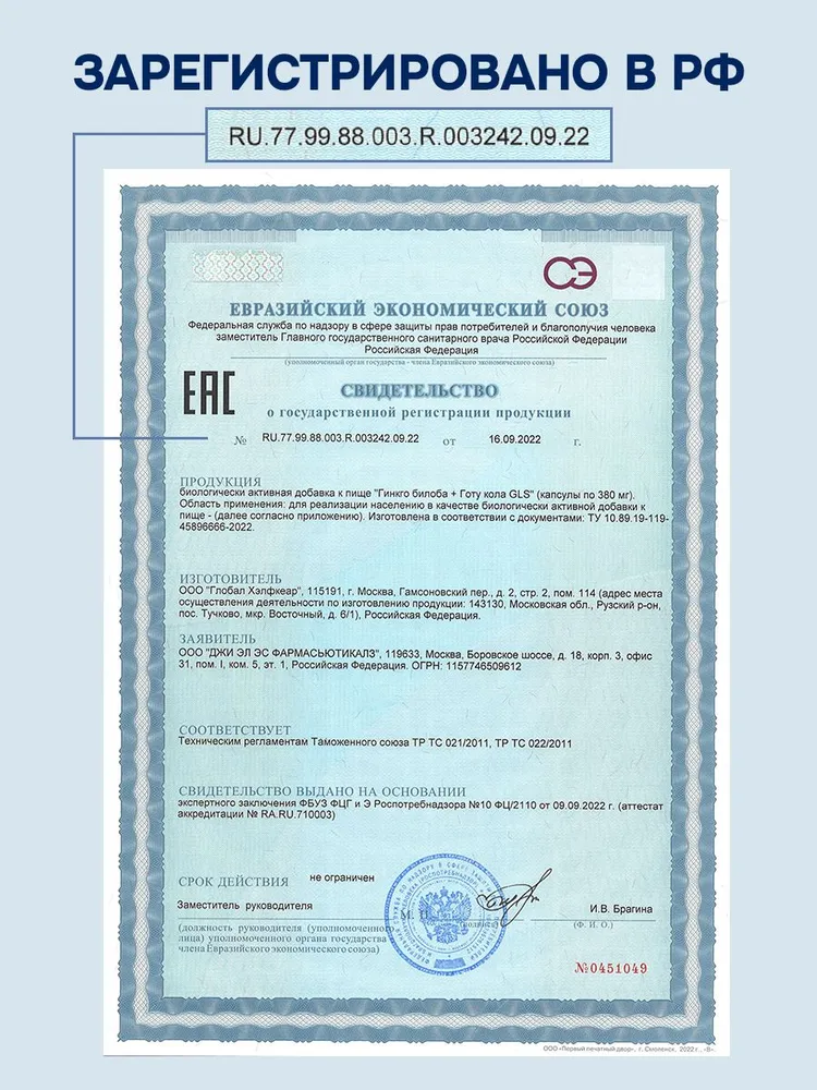 GLS Pharmaceuticals Гинкго Билоба с Готу Кола (ginkgo), для мозга, памяти, концентрации, 60 шт.