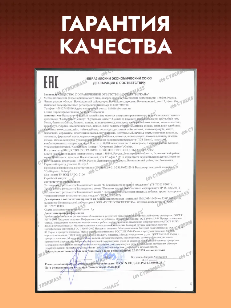 Cybermass Gainer, Гейнер для набора мышечной массы веса на сложных углеводах без сахара, 900г /10 порций, со вкусом клубника