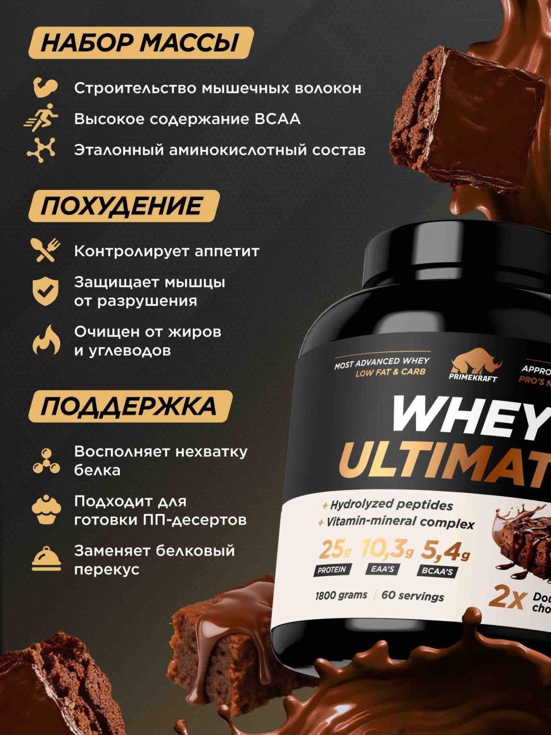 Primekraft Whey Ultimate, Сывороточный протеин со вкусом «Двойной шоколад», банка 1800 г / 60 порций