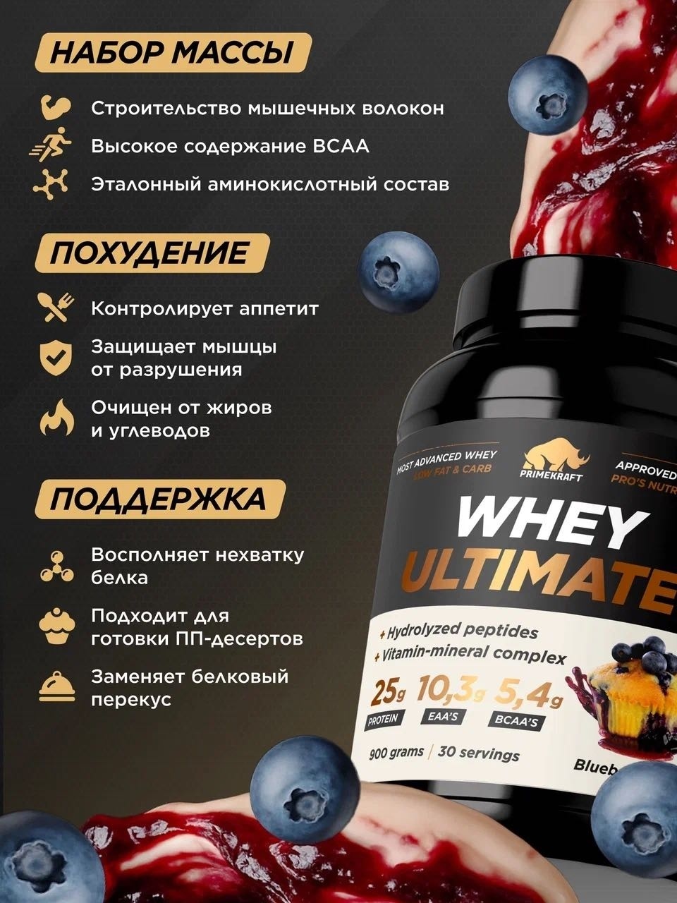 Primekraft Whey Ultimate, Сывороточный протеин со вкусом «Черничный мафин», банка 900 г / 30 порций